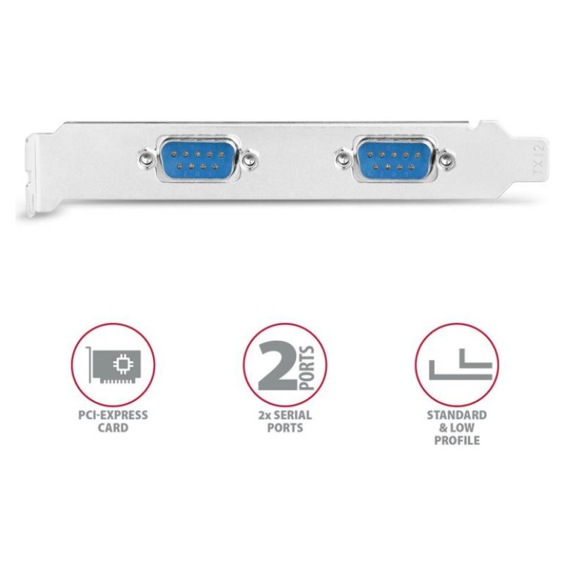 Axagon PCI-Express card with two 250 kbps serial ports. ASIX AX99100. Standard & Low Profile.