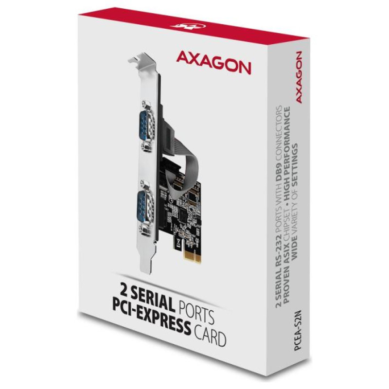 Axagon PCI-Express card with two 250 kbps serial ports. ASIX AX99100. Standard & Low Profile.