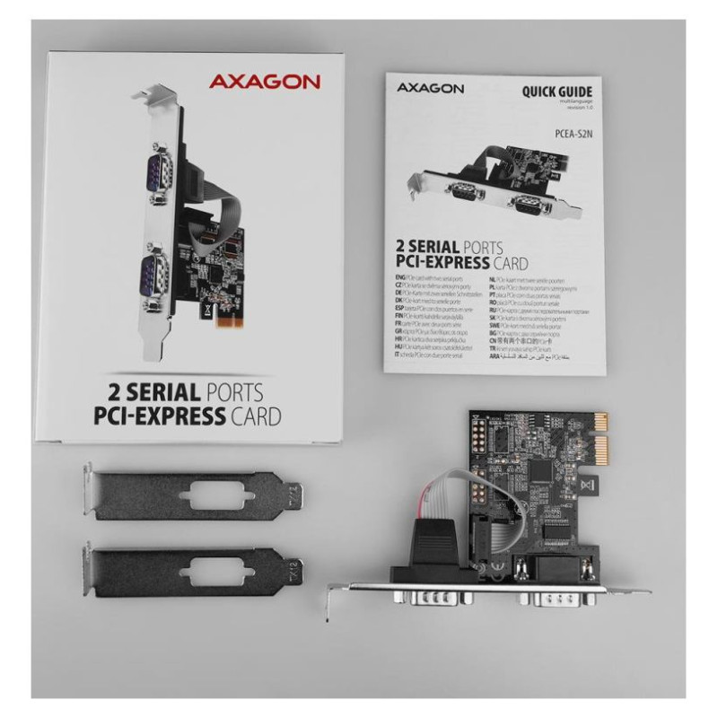 Axagon PCI-Express card with two 250 kbps serial ports. ASIX AX99100. Standard & Low Profile.