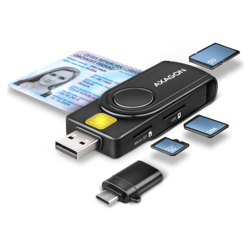 Axagon Compact travel USB-A + USB-C contact Smart / ID card and SD / microSD / SIM card reader.