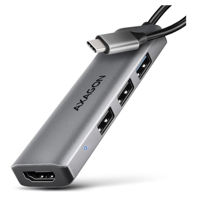 Axagon HMC-H3A 3x USB-A (2x USB2.0, 1x USB3.0) + HDMI 4K 30Hz, 3.2 Gen 1 hub, metal, 15cm USB-C cable
