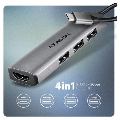 Axagon HMC-H3A 3x USB-A (2x USB2.0, 1x USB3.0) + HDMI 4K 30Hz, 3.2 Gen 1 hub, metal, 15cm USB-C cable