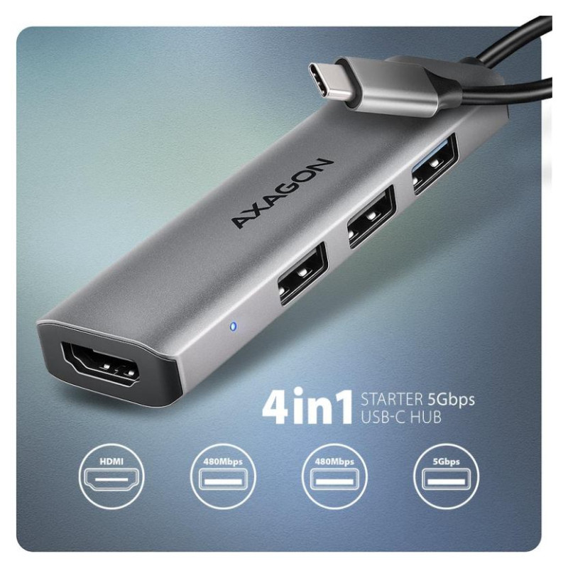Axagon HMC-H3A 3x USB-A (2x USB2.0, 1x USB3.0) + HDMI 4K 30Hz, 3.2 Gen 1 hub, metal, 15cm USB-C cable