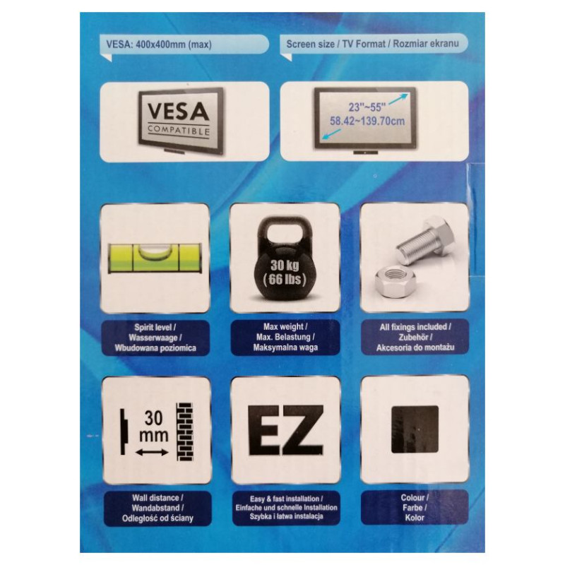 Electriclight Opticum TV stiprinājums pie sienas 23-55collas, līdz 30kg, melns - Mirage Plus