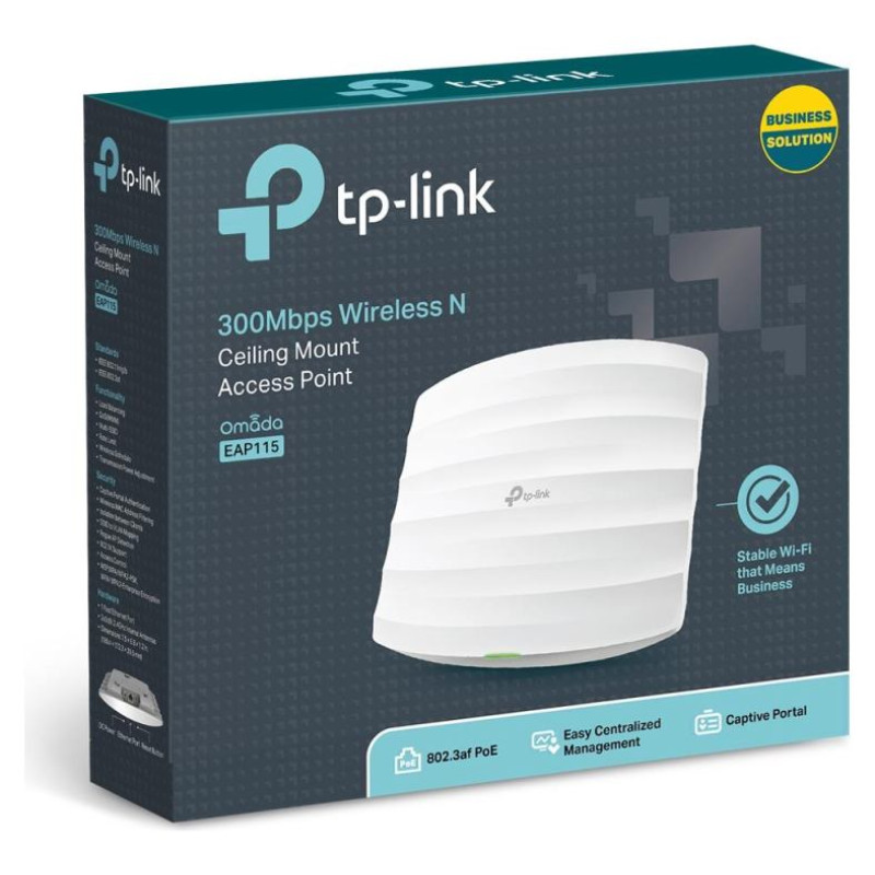 Tp-Link Access Point|TP-LINK|Omada|300 Mbps|IEEE 802.3af|IEEE 802.11b|IEEE 802.11g|IEEE 802.11n|1xRJ45|Number of antennas 2|EAP115
