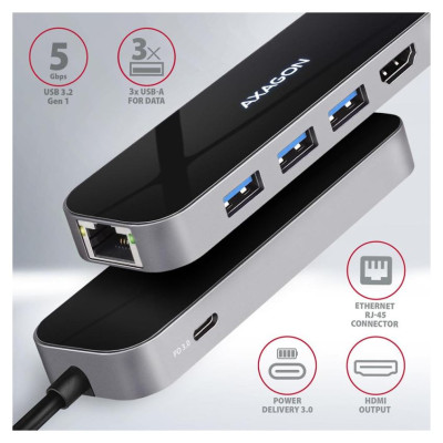 Axagon Multiport USB 3.2 Gen 1 hub. HDMI, Gigabit LAN and Power Delivery. 20 cm USB-C cable.