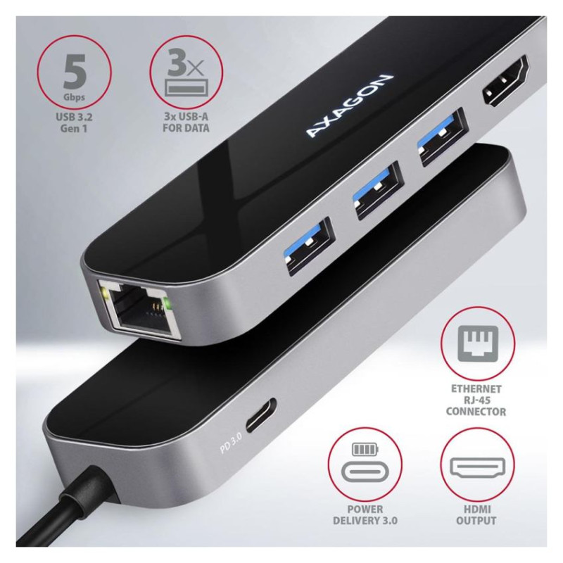 Axagon Multiport USB 3.2 Gen 1 hub. HDMI, Gigabit LAN and Power Delivery. 20 cm USB-C cable.