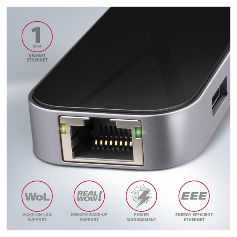 Axagon Multiport USB 3.2 Gen 1 hub. HDMI, Gigabit LAN and Power Delivery. 20 cm USB-C cable.