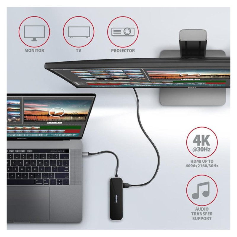 Axagon Multiport USB 3.2 Gen 1 hub. HDMI, Gigabit LAN and Power Delivery. 20 cm USB-C cable.