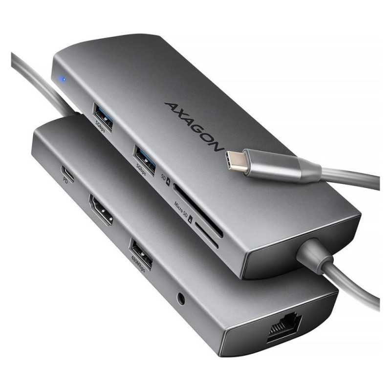 Axagon HMC-8HLSA USB-C 3.2 Gen 1 hub, 3x USB-A + 4K/30Hz HDMI + SD/microSD, GLAN, Audio, PD 100W, 20cm USB-C cable
