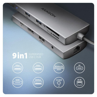 Axagon HMC-8HLSA USB-C 3.2 Gen 1 hub, 3x USB-A + 4K/30Hz HDMI + SD/microSD, GLAN, Audio, PD 100W, 20cm USB-C cable