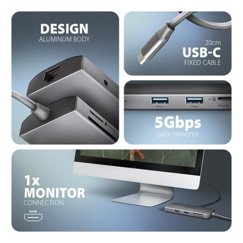 Axagon HMC-8HLSA USB-C 3.2 Gen 1 hub, 3x USB-A + 4K/30Hz HDMI + SD/microSD, GLAN, Audio, PD 100W, 20cm USB-C cable