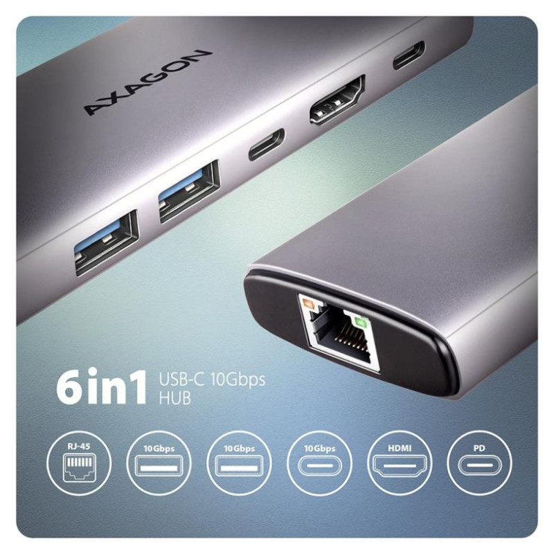 Axagon HMC-6G2L 2x USB-A 10Gbps, 1x USB-C 10Gbps, 4K/60Hz HDMI, RJ-45, USB 3.2 Gen 2 hub, PD 100W, 15cm USB-C cable