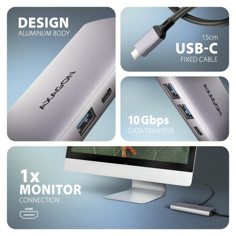 Axagon HMC-6G2L 2x USB-A 10Gbps, 1x USB-C 10Gbps, 4K/60Hz HDMI, RJ-45, USB 3.2 Gen 2 hub, PD 100W, 15cm USB-C cable
