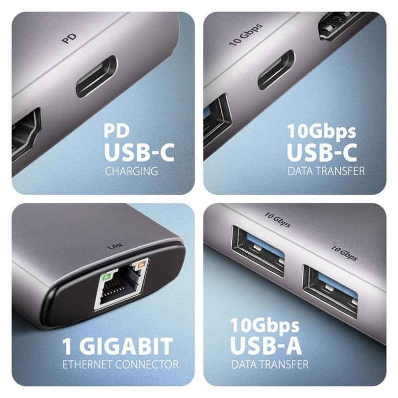 Axagon HMC-6G2L 2x USB-A 10Gbps, 1x USB-C 10Gbps, 4K/60Hz HDMI, RJ-45, USB 3.2 Gen 2 hub, PD 100W, 15cm USB-C cable