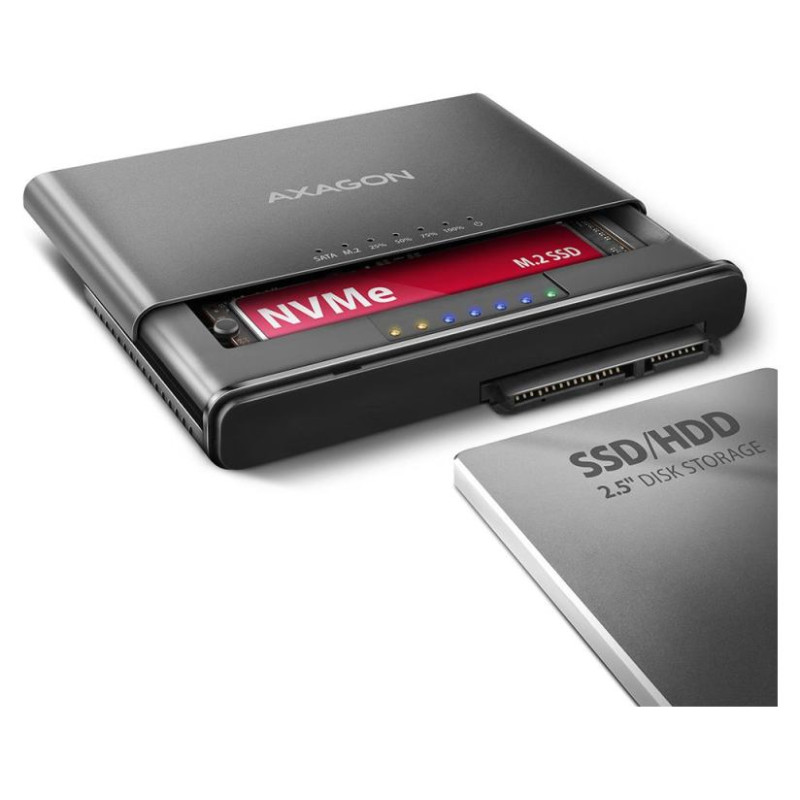 Axagon USB 3.2 Gen 2 adapter for connecting NVMe M.2 SSDs and SATA 2.5"/3.5" drives with cloning function.
