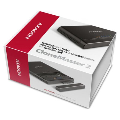 Axagon USB 3.2 Gen 2 adapter for connecting NVMe M.2 SSDs and SATA 2.5"/3.5" drives with cloning function.