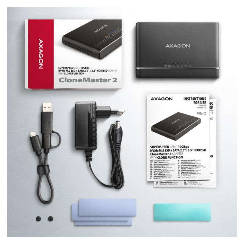 Axagon USB 3.2 Gen 2 adapter for connecting NVMe M.2 SSDs and SATA 2.5"/3.5" drives with cloning function.