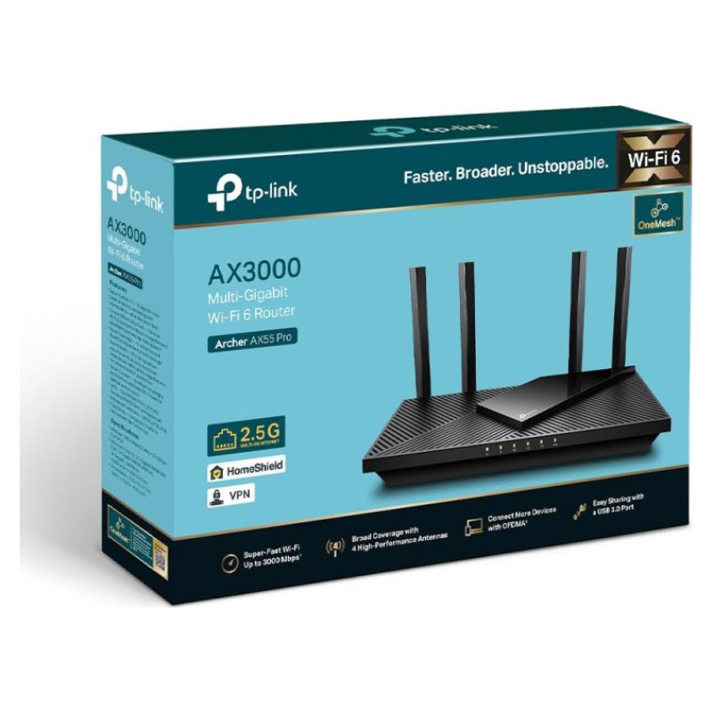 Tp-Link Wireless Router|TP-LINK|Wireless Router|3000 Mbps|Wi-Fi 6|IEEE 802.11a|IEEE 802.11 b/g|IEEE 802.11n|IEEE 802.11ac|IEEE 802.11ax|USB 3.0|3x10/100/1000M|1x2.5GbE|LAN \ WAN ports 1|Number of antennas 4|ARCHERAX55PRO