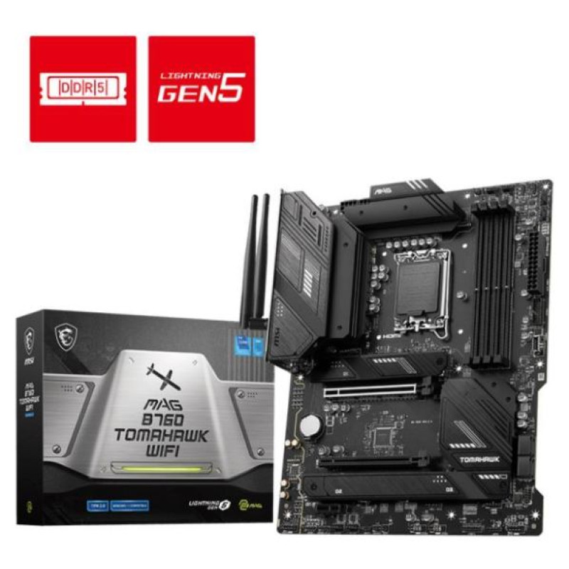 MSI Mainboard|MSI|Intel B760 Express|LGA1700|ATX|Memory DDR5|Memory slots 4|1xPCI-Express 1x|2xPCI-Express 16x|3xM.2|1xHDMI|1xDisplayPort|4xUSB 2.0|4xUSB 3.2|1xUSB-C|1xOptical S/PDIF|1xRJ45|5xAudio port|MAGB760TOMAHAWKWIFI