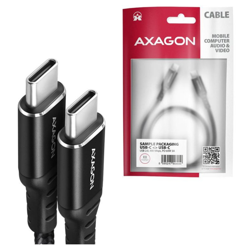 Axagon Data and charging USB 2.0 cable 1.5 m long. PD 60W, 3A. Black braided.