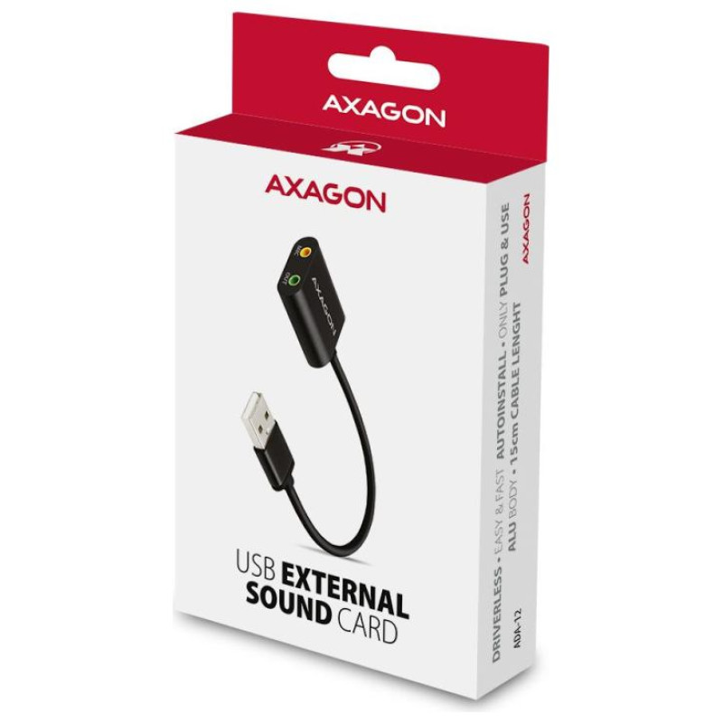 Axagon USB sound card with 15 cm cable and metal body.