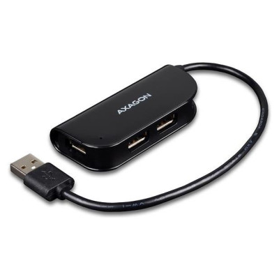 Axagon Handy four-port USB 2.0 hub with a permanently connected USB cable. Black.
