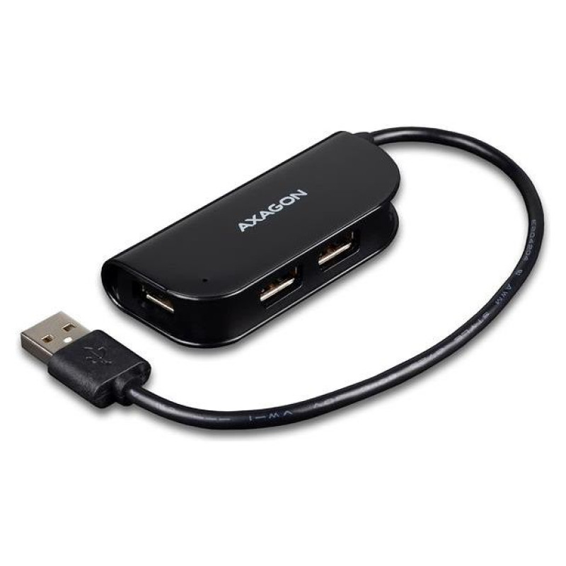 Axagon Handy four-port USB 2.0 hub with a permanently connected USB cable. Black.