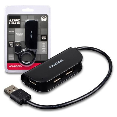 Axagon Handy four-port USB 2.0 hub with a permanently connected USB cable. Black.