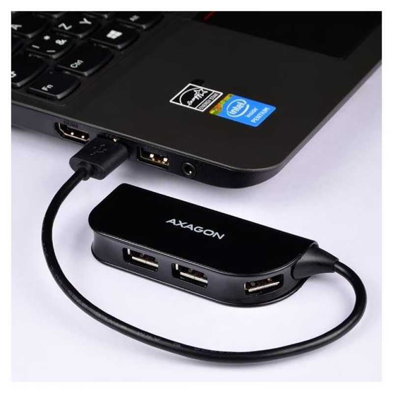 Axagon Handy four-port USB 2.0 hub with a permanently connected USB cable. Black.
