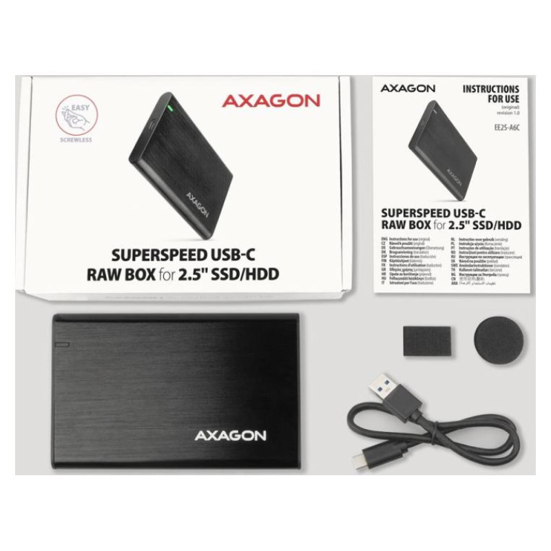 Axagon EE25-A6C USB-C 3.2 Gen 1 - SATA 6G 2.5" External SCREWLESS ALU RAW box BLACK
