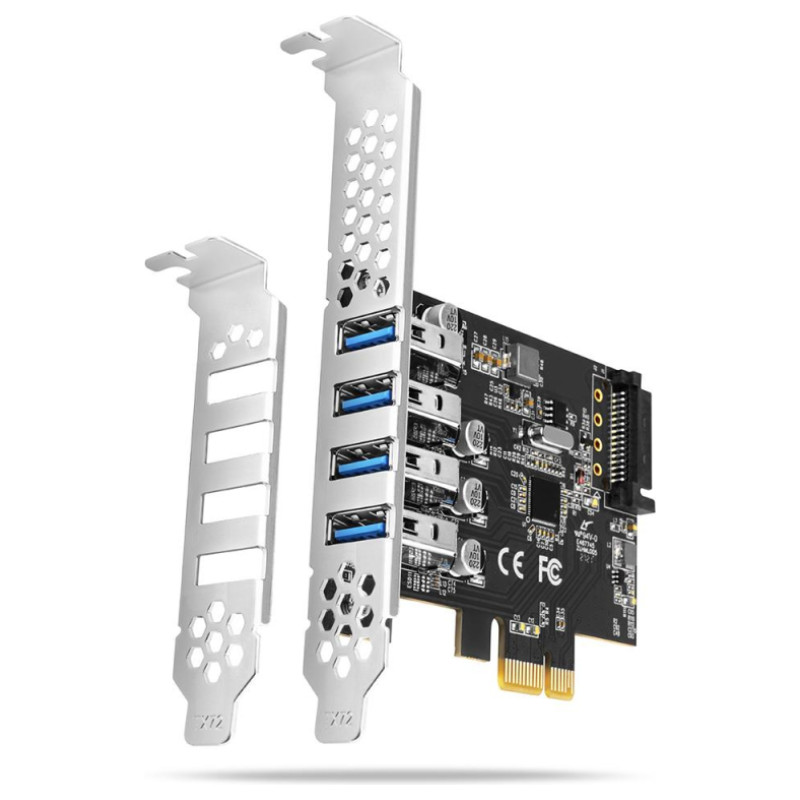 Axagon PCI-Express card with four external USB 3.2 Gen1 ports with dual power. Renesas chipset. Standard & Low profile.