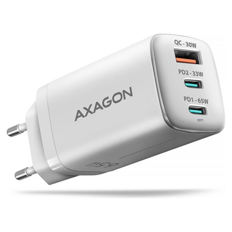Axagon ACU-DPQ65W GaN Wall charger, 3x port (USB + dual USB-C), PD3.0/QC4+/PPS/Apple, 65W, white