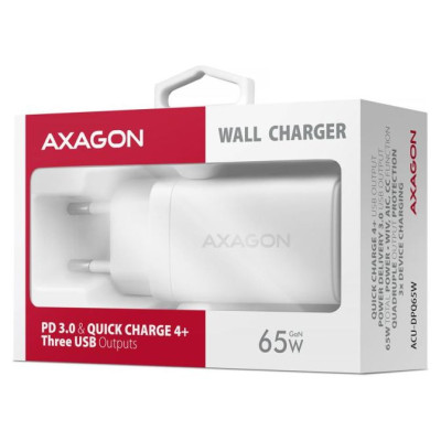 Axagon ACU-DPQ65W GaN Wall charger, 3x port (USB + dual USB-C), PD3.0/QC4+/PPS/Apple, 65W, white