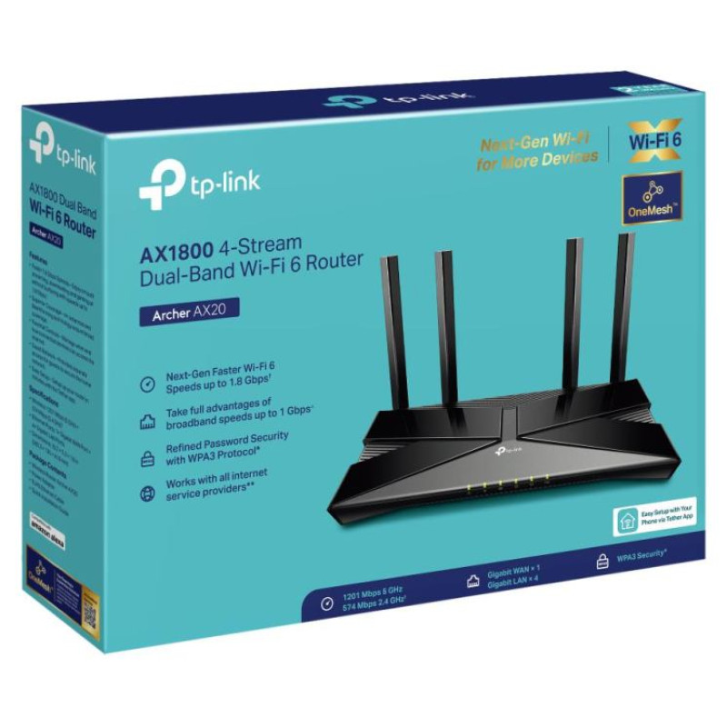 Tp-Link Wireless Router|TP-LINK|Wireless Router|1800 Mbps|Mesh|Wi-Fi 6|4x10/100/1000M|LAN \ WAN ports 1|DHCP|Number of antennas 4|ARCHERAX1800