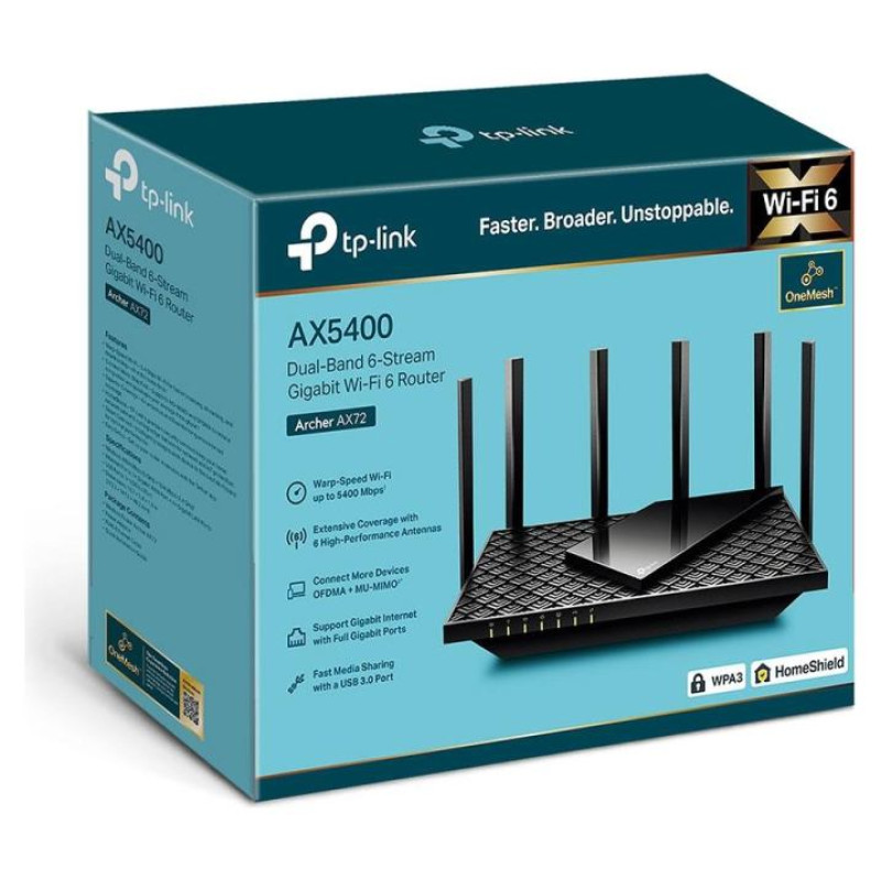 Tp-Link Wireless Router|TP-LINK|Wireless Router|5400 Mbps|Wi-Fi 6|IEEE 802.11a|IEEE 802.11 b/g|IEEE 802.11n|IEEE 802.11ac|IEEE 802.11ax|USB 3.0|3x10/100/1000M|1x2.5GbE|LAN \ WAN ports 1|Number of antennas 6|ARCHERAX72PRO