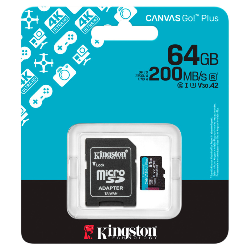 Kingston 64GB microSDXC Canvas Go Plus Gen4 200MB/s A2 U3 V30 Card + Adapter