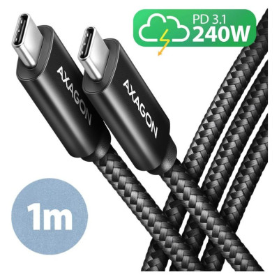Axagon Data and charging USB 480Mbps cable length 1 m. PD 240W, 5A. Black braided.