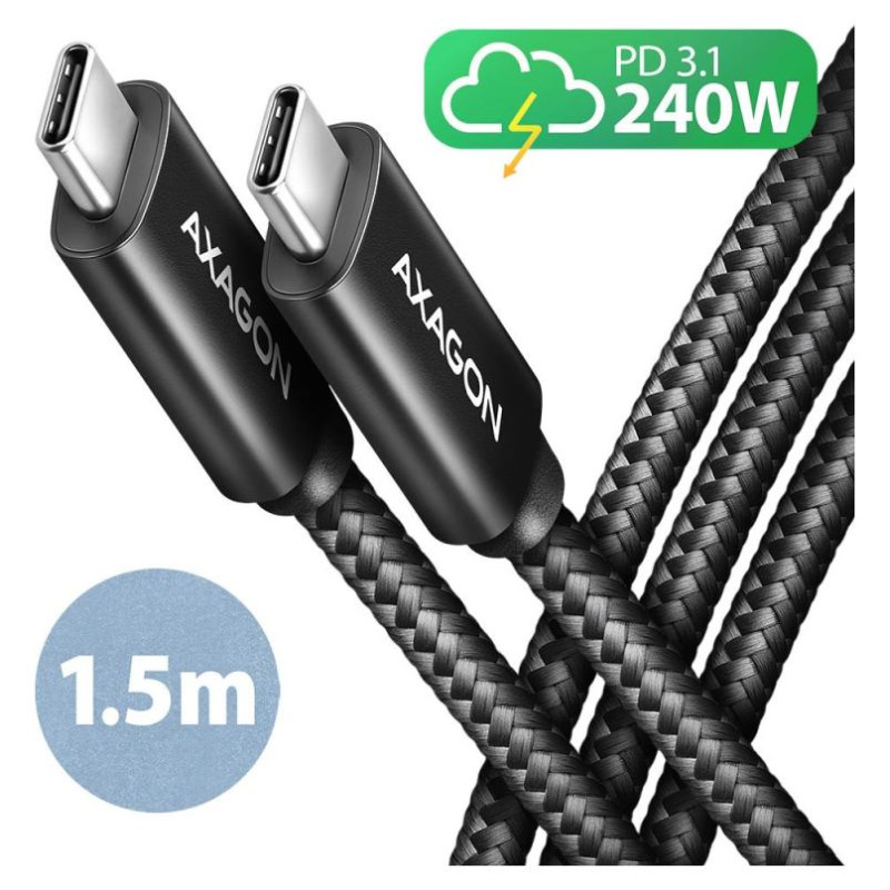Axagon Data and charging USB 480Mbps cable length 1.5 m. PD 240W, 5A. Black braided.