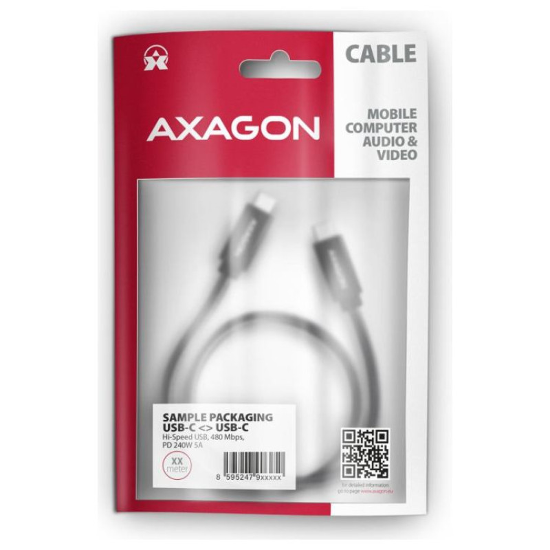 Axagon Data and charging USB 480Mbps cable length 1.5 m. PD 240W, 5A. Black braided.