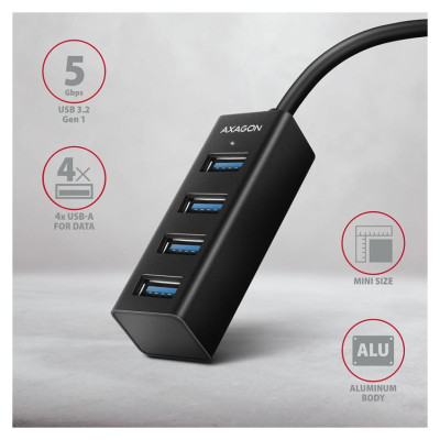 Axagon HUE-M1AL 4x USB 3.2 Gen 1 MINI hub, metal, 1.2m USB-A cable