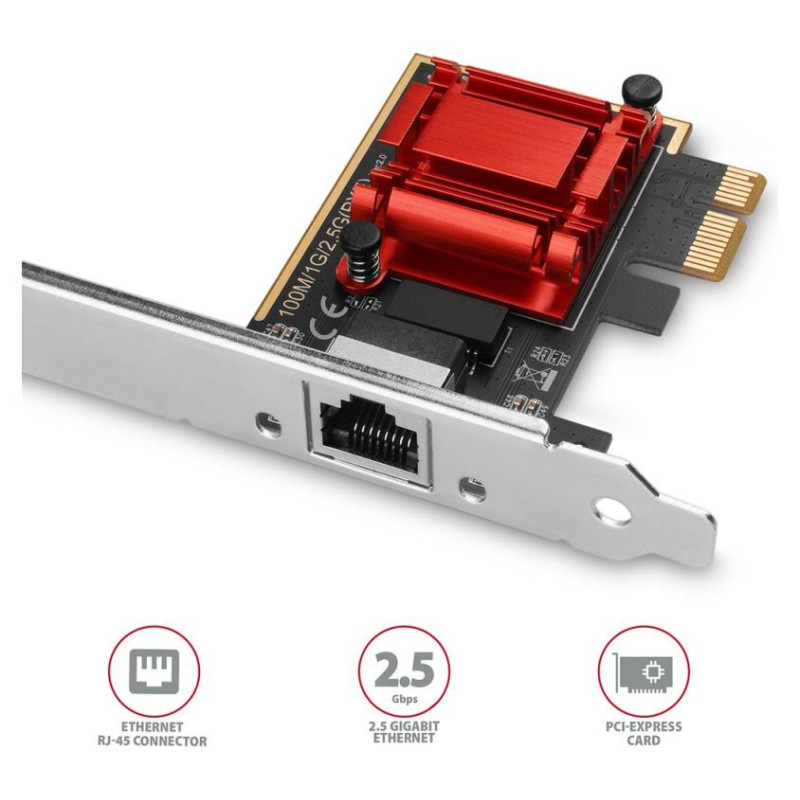 Axagon PCI-Express network card with 2.5 Gbit/s transmission rate and PXE support.