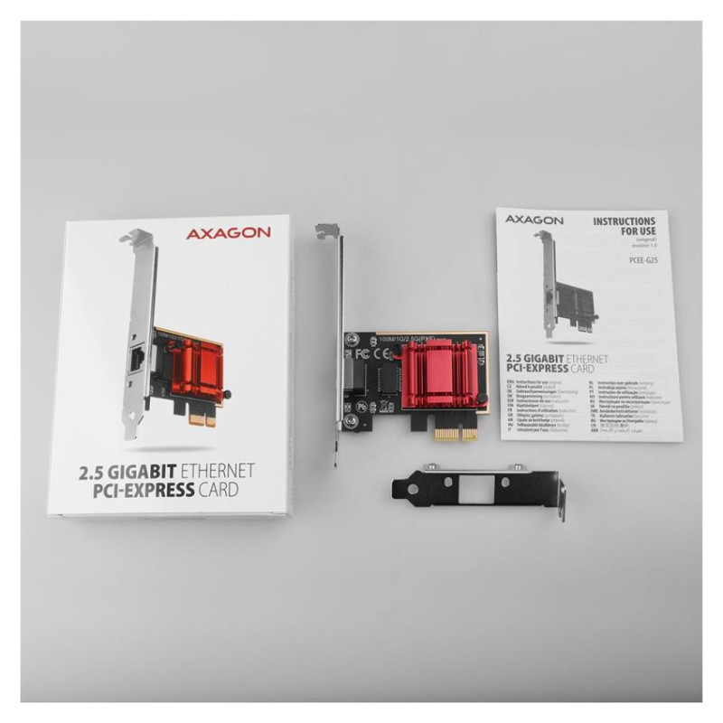 Axagon PCI-Express network card with 2.5 Gbit/s transmission rate and PXE support.