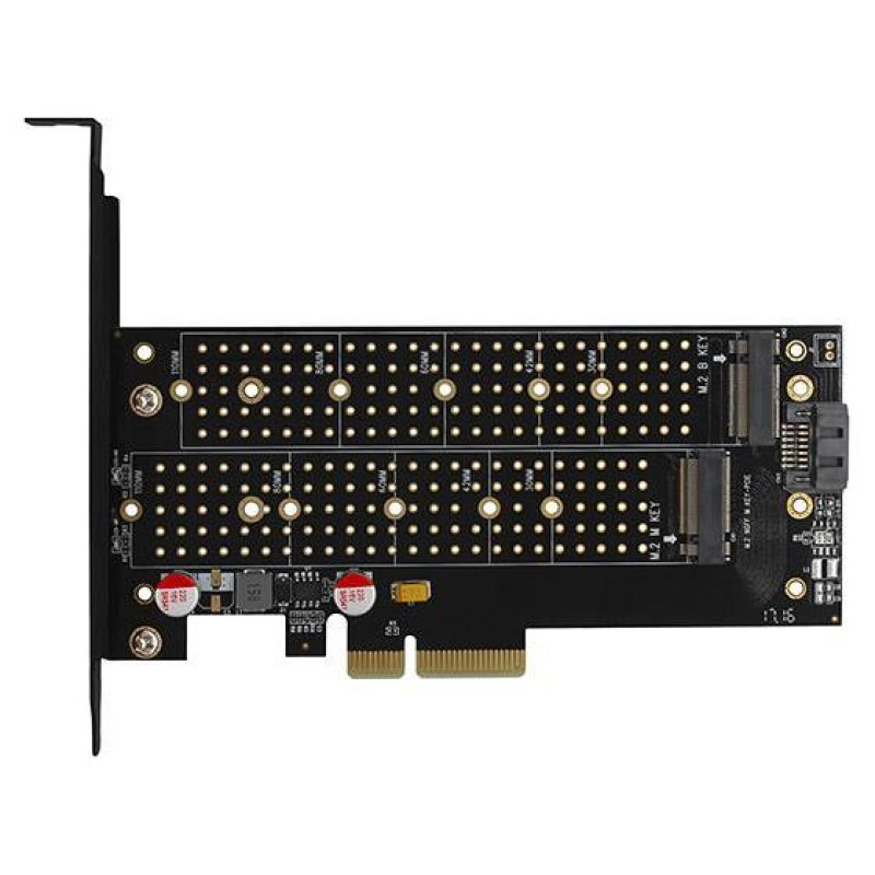 Axagon PCEM2-DC PCI-E 3.0 4x - DUAL M.2 SSD (NVMe + SATA), dual voltage, up to 110mm SSD, fan + heatsink