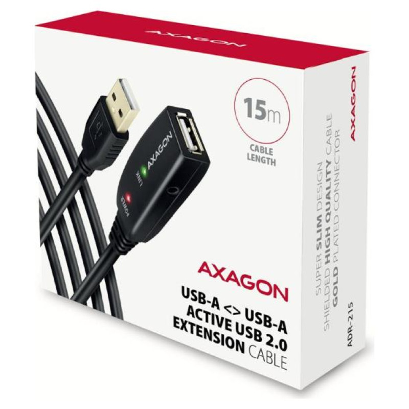 Axagon ADR-215 Active extension USB 2.0 A-M > A-F cable, 15 m long. Power supply option.