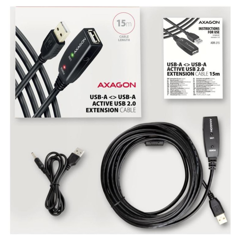 Axagon ADR-215 Active extension USB 2.0 A-M > A-F cable, 15 m long. Power supply option.