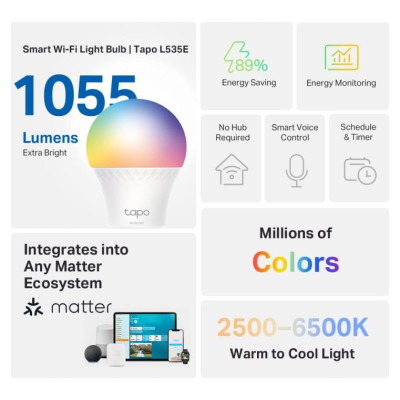 Tp-Link Smart Light Bulb|TP-LINK|Power consumption 8.6 Watts|Luminous flux 1055 Lumen|6500 K|240V|Beam angle 220 degrees|TAPOL535E