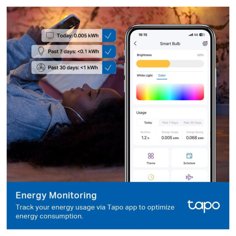 Tp-Link Smart Light Bulb|TP-LINK|Power consumption 8.6 Watts|Luminous flux 1055 Lumen|6500 K|240V|Beam angle 220 degrees|TAPOL535E