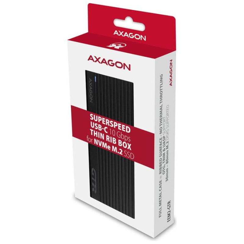 Axagon Superfast external AXAGON EEM2-GTR THIN RIB box with USB 3.2 Gen 2 interface is designed for NVMe (PCI-Express) M.2 SSD disks. The double-sided USB-C connector on the box together with the supplied USB-C -> USB-C cable enables a reliable connect