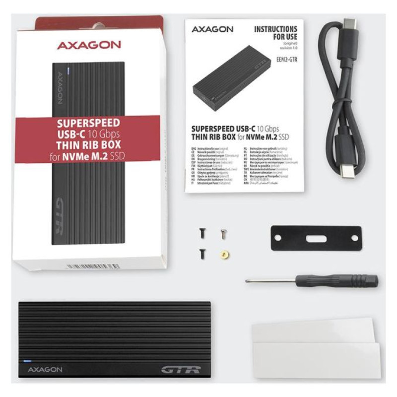 Axagon Superfast external AXAGON EEM2-GTR THIN RIB box with USB 3.2 Gen 2 interface is designed for NVMe (PCI-Express) M.2 SSD disks. The double-sided USB-C connector on the box together with the supplied USB-C -> USB-C cable enables a reliable connect